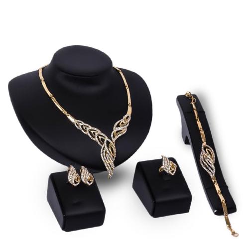 Zinc Alloy Jewelry Sets Stud Earring & finger ring & bracelet & necklace 4 pieces & for woman & with rhinestone golden Sold By Set