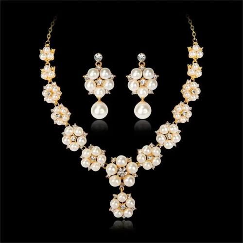 Zinc Alloy Jewelry Sets earring & necklace with Plastic Pearl 2 pieces & for woman & with rhinestone Sold By Set