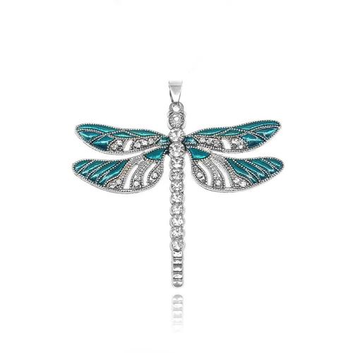 Sinc Alloy Rhinestone Pendants, Dragonfly, dath airgid plated, DIY & cruan & le rhinestone, dathanna níos mó le haghaidh rogha, nicil, luaidhe & caidmiam saor in aisce, 64x54mm, Díolta De réir PC