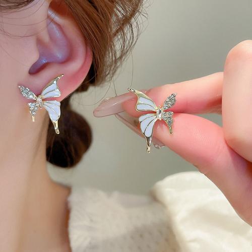 Zinc Alloy Stud Earring Butterfly plated fashion jewelry & enamel & with rhinestone nickel lead & cadmium free Sold By Pair