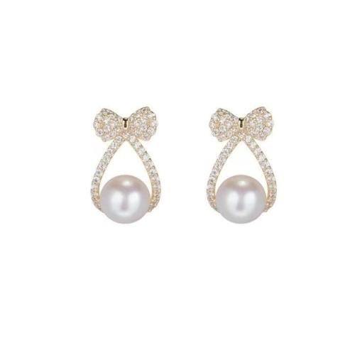 Zinc Alloy Stud Earring with Plastic Pearl plated micro pave cubic zirconia & for woman gold Sold By Pair