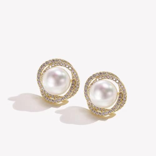 Zinc Alloy Stud Earring with Plastic Pearl plated micro pave cubic zirconia & for woman gold Sold By Pair