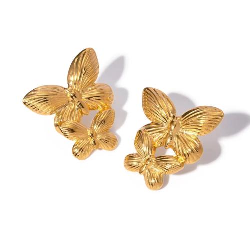 Stainless Steel Stud Earrings 304 Stainless Steel Butterfly plated for woman gold Sold By Pair