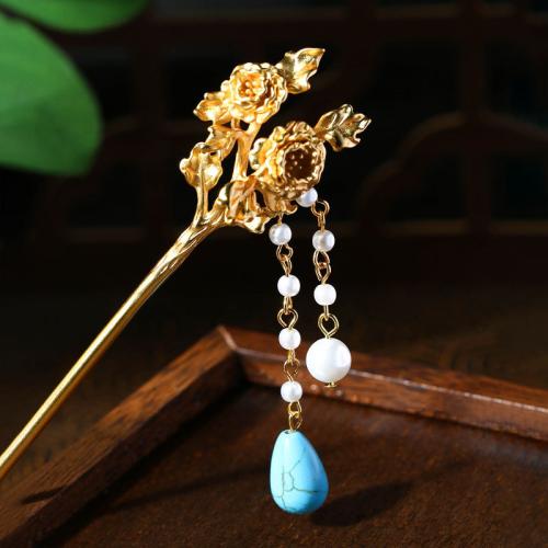 Zinc Alloy Hair Stick, met Plastic Pearl, Bloem, gold plated, Vintage & voor vrouw, Verkocht door PC