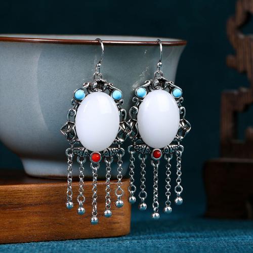 Zinc Alloy Tassel Earring with Jade silver color plated vintage & for woman Sold By Pair