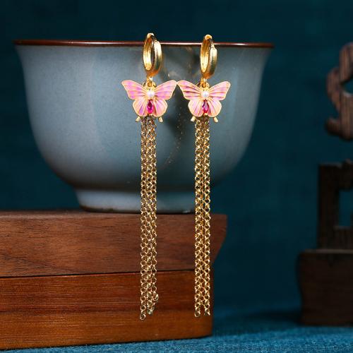 Brass Tassel Earring with Jade & Plastic Pearl Butterfly gold color plated vintage & for woman & enamel 77mm Sold By Pair