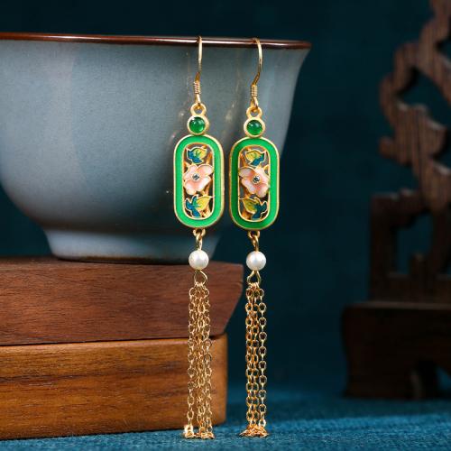 Zinc Alloy Tassel Earring with Green Calcedony & Plastic Pearl gold color plated vintage & for woman & enamel & hollow 92mm Sold By Pair