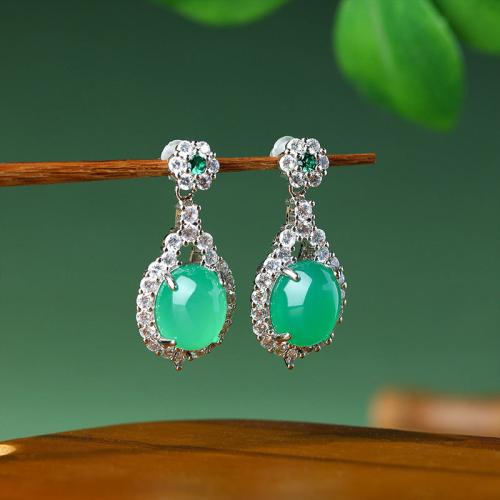 Zinc Alloy Drop Earring with Green Calcedony Teardrop silver color plated vintage & for woman & with rhinestone Sold By Pair