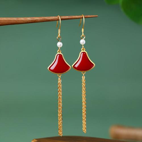 Zinc Alloy Tassel Earring with Jade & Plastic Pearl Skirt gold color plated vintage & for woman 86mm Sold By Pair