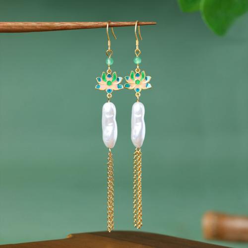 Zinc Alloy Tassel Earring with Acrylic Lotus gold color plated vintage & for woman & enamel 104mm Sold By Pair