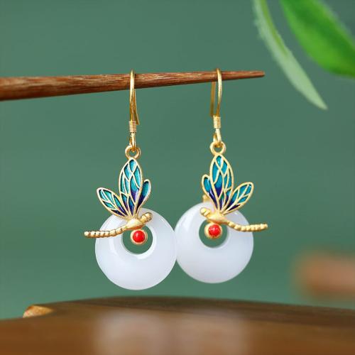 Zinc Alloy Drop Earring with Jade Dragonfly gold color plated vintage & for woman & enamel Sold By Pair