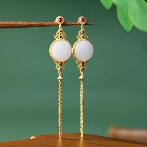 Zinc Alloy Tassel Earring with Jade gold color plated vintage & for woman & with rhinestone & hollow Sold By Pair