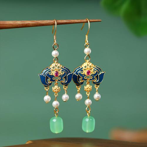 Zinc Alloy Drop Earring, med Green Calcedony & Plastic Pearl, Ruyi, guldfarve belagt, Vintage & for kvinde & emalje, 21x67mm, Solgt af par