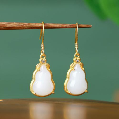 Zinc Alloy Drop Earring with Jade Calabash gold color plated vintage & for woman & with rhinestone Sold By Pair