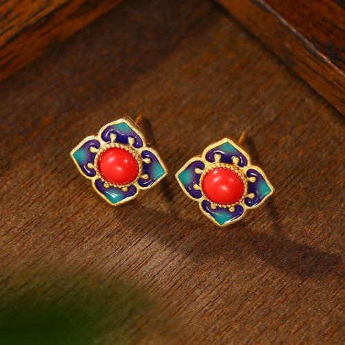 Zinc Alloy Stud Earring, Bloem, gold plated, Vintage & voor vrouw & glazuur, 10x10mm, Verkocht door pair