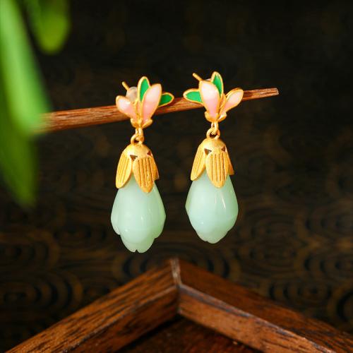 Zinc Alloy Drop Earring with Jade Flower gold color plated vintage & for woman & enamel Sold By Pair