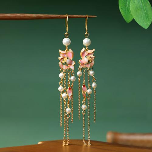 Zinc Alloy Tassel Earring with Acrylic Flower gold color plated vintage & for woman & enamel 109mm Sold By Pair