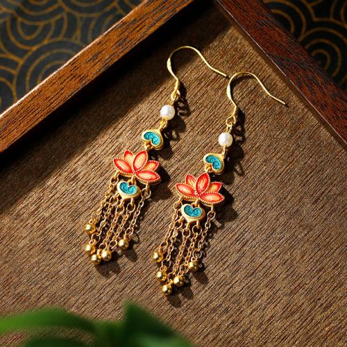 Zinc Alloy Tassel Earring with Jade Lotus gold color plated vintage & for woman & enamel Sold By Pair