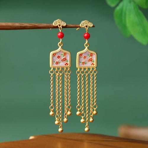 Zinc Alloy Tassel Earring with Jade gold color plated vintage & for woman & enamel Sold By Pair