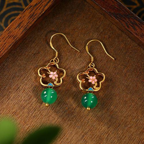 Zinc Alloy Drop Earring with Green Calcedony Flower gold color plated vintage & for woman & enamel & hollow Sold By Pair