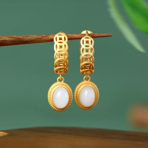 Zinc Alloy Huggie Hoop Drop Earring with Jade gold color plated vintage & for woman & hollow Sold By Pair