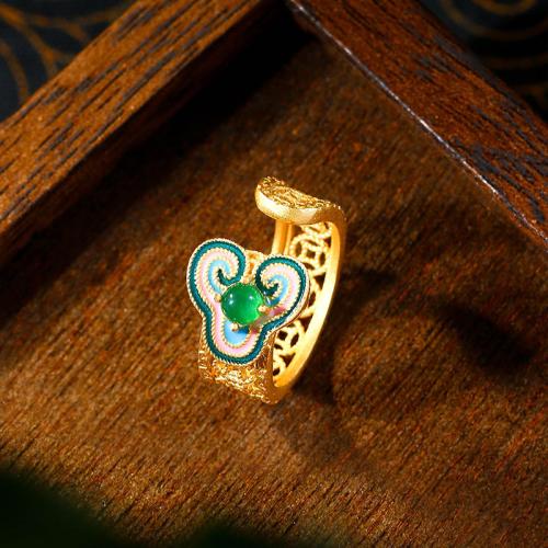 Zinc Alloy Cuff Finger Ring with Jade gold color plated vintage & for woman & enamel & hollow US Ring Sold By PC