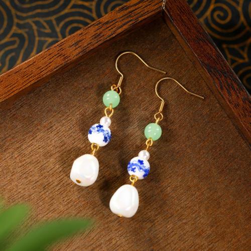 Zinc Alloy Drop Earring with Jade & Plastic Pearl gold color plated vintage & for woman Sold By Pair