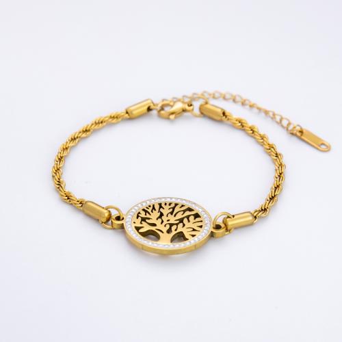 304 Stainless Steel Bracelet with 1.97inch extender chain Tree 18K gold plated for woman & with rhinestone & hollow Length Approx 6.7 Inch Sold By PC