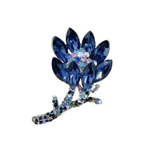 Zinc Alloy Brocher, Flower, forgyldt, mode smykker & med rhinestone, blå, nikkel, bly & cadmium fri, 44x38mm, Solgt af PC