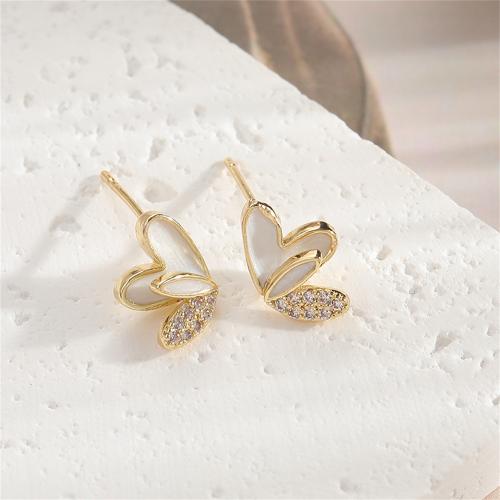 Zinc Alloy Stud Earring Heart gold color plated fashion jewelry & enamel & with rhinestone golden nickel lead & cadmium free Sold By Pair