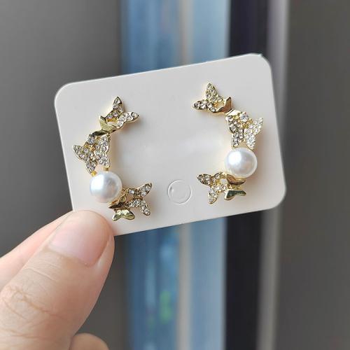 Zinc Alloy Stud Earring with Plastic Pearl gold color plated fashion jewelry & with rhinestone golden nickel lead & cadmium free Sold By Pair