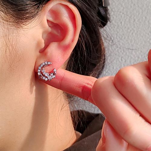 Zinc Alloy Stud Earring Moon silver color plated fashion jewelry & with rhinestone silver color nickel lead & cadmium free Sold By Pair