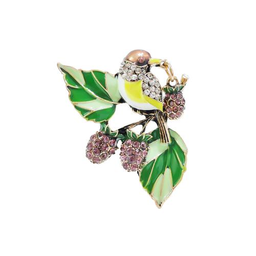 Zinc Alloy Brocher, Bird, guldfarve belagt, mode smykker & emalje & med rhinestone, grøn, nikkel, bly & cadmium fri, 41x46mm, Solgt af PC