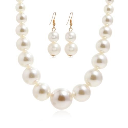 Plastic Pearl Jewelry Set earring & necklace with Zinc Alloy plated 2 pieces & fashion jewelry & for woman white Sold By Set