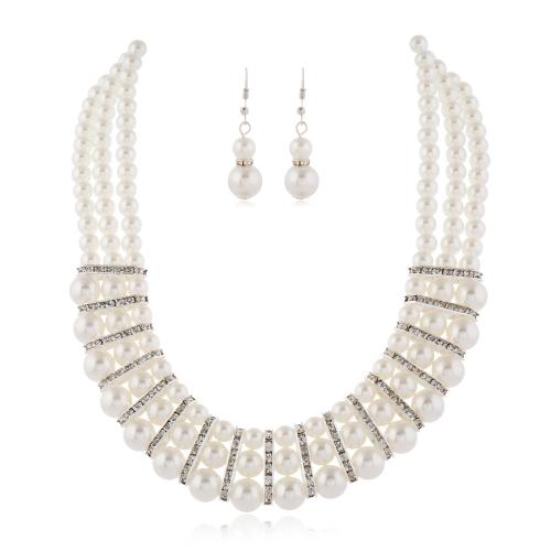 Plastic Pearl Jewelry Set earring & necklace with Zinc Alloy handmade 2 pieces & multilayer & for woman & with rhinestone white Sold By Set