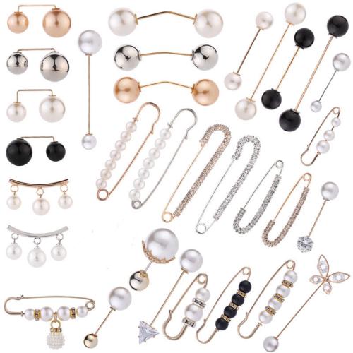 Iron Safety Pin with Plastic Pearl plated & for woman & with rhinestone Sold By PC