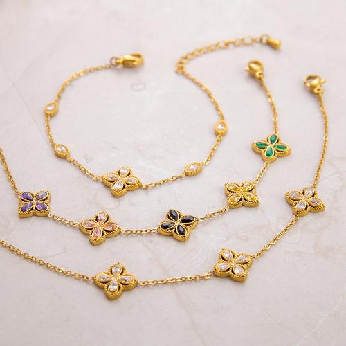 304 Stainless Steel Bracelet, with 1.7inch extender chain, Flower, 18K gold plated, for woman & with rhinestone, more colors for choice, Length Approx 6.7 Inch, Sold By PC