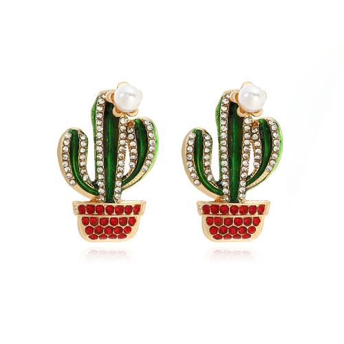 Zinc Alloy Stud Earring Opuntia Stricta fashion jewelry & for woman & enamel & with rhinestone Sold By Pair