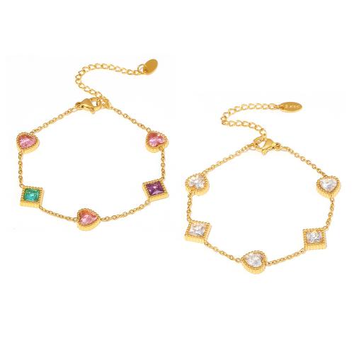 Pulseira de aço titânio, Partículas de aço, with zircone em forma de cubo, with 5cm extender chain, joias de moda & para mulher, Mais cores pare escolha, comprimento Aprox 16 cm, vendido por PC