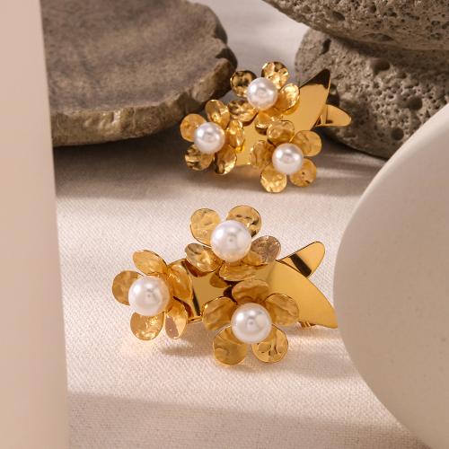 Stainless Steel Stud Earrings 304 Stainless Steel with Plastic Pearl gold color plated for woman Sold By Pair