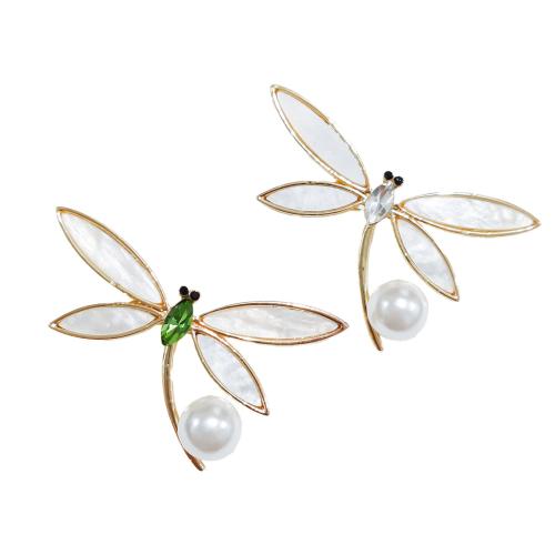 Zinc Alloy Brocher, med Shell & Plastic Pearl, Dragonfly, forgyldt, mode smykker & med rhinestone, flere farver til valg, nikkel, bly & cadmium fri, 46x44mm, Solgt af PC