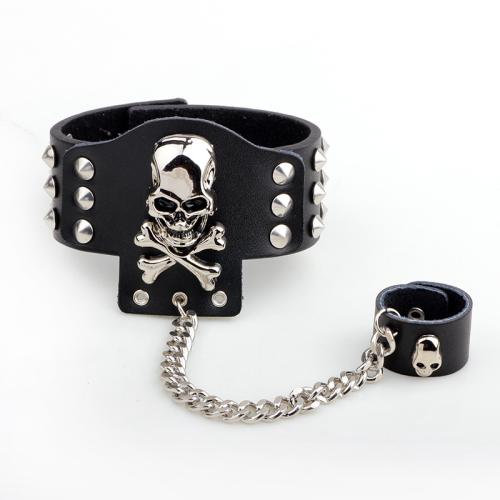 Bracelet en alliage de zinc Anneau, avec cuir de peau de vache, Placage, bijoux de mode & unisexe, noire, Longueur 22 cm, Vendu par PC