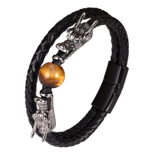 PU Leather Cord Bracelets Zinc Alloy with PU Leather & Tiger Eye plated fashion jewelry & Unisex black Sold By PC