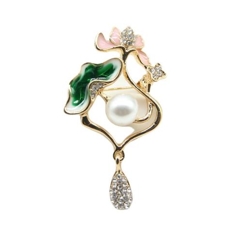 Zinc Alloy Brocher, med Plastic Pearl, forgyldt, for kvinde & emalje & med rhinestone, gylden, Solgt af PC