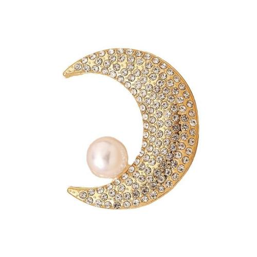 Zinc Alloy Brocher, med Plastic Pearl, Moon, forgyldt, for kvinde & med rhinestone, guld, Solgt af PC