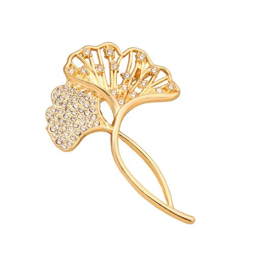 Zinc Alloy Brocher, Ginkgo blad, forgyldt, for kvinde & med rhinestone, guld, Solgt af PC