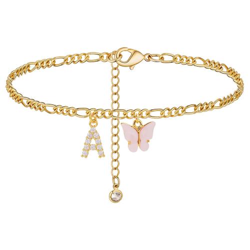 Stainless Steel Anklet 304 Stainless Steel with Acrylic letters are from A to Z & Unisex & micro pave cubic zirconia golden Length Approx 19 cm Sold By PC