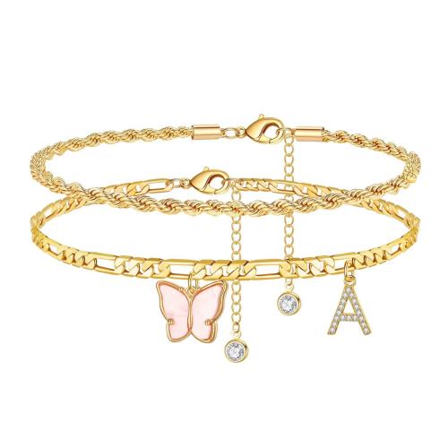 Brass Anklet with 5cm extender chain letters are from A to Z & micro pave cubic zirconia & for woman golden Length Approx 22 cm Sold By PC