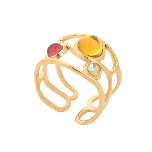 304 roestvrij staal Manchet Finger Ring, met Hars, gold plated, voor vrouw & hol, Maat:6.5, Verkocht door PC