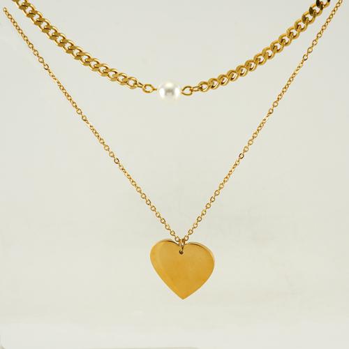 304 Stainless Steel Necklace with Titanium Steel & Plastic Pearl Heart 18K gold plated cross chain & Double Layer & for woman Sold By PC